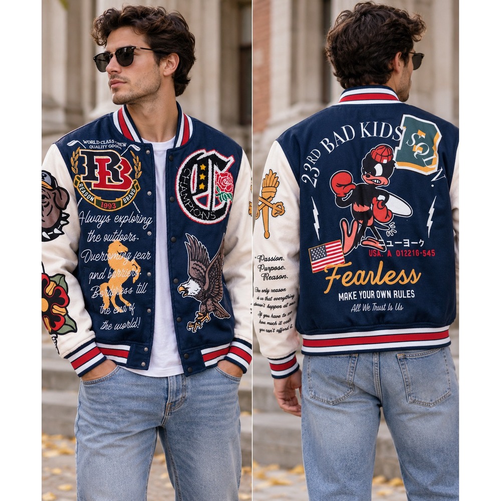 Reason Fearless Varsity Jacket M Graphic Eagle Patch Streetwear Y2K Letterman